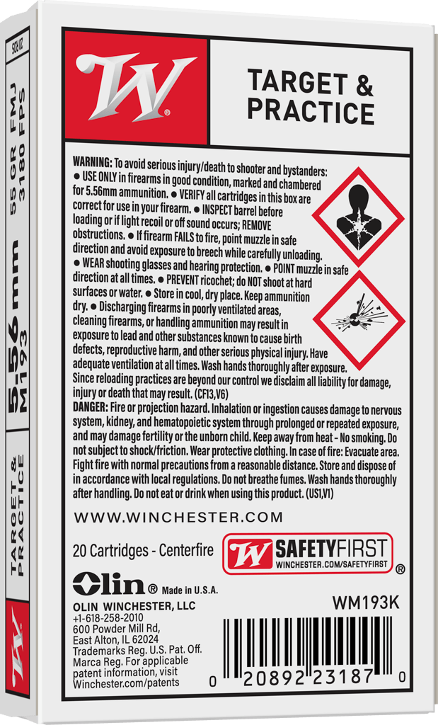 5.56mm 55 Grain M193 FMJ Winchester 20/BOX