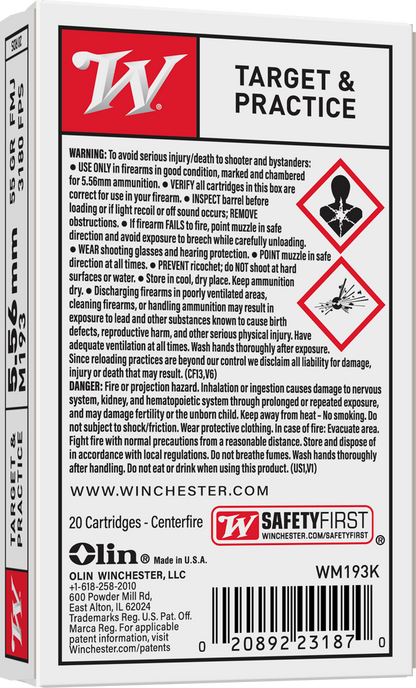 5.56mm 55 Grain M193 FMJ Winchester 20/BOX